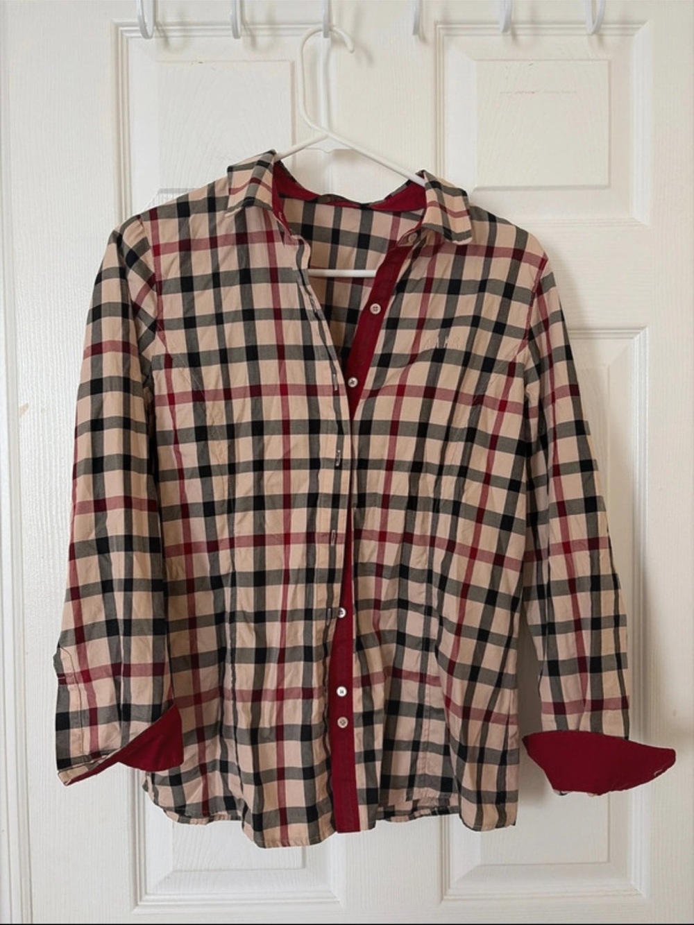 Plaid Button-Up Shirt in Beige and Red